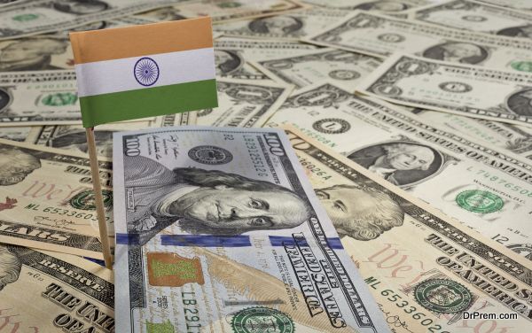 Flag of India sticking in various american banknotes.(series)
