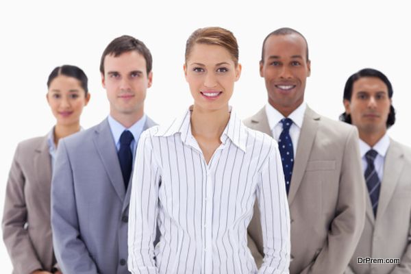 Face of beautiful woman on the background of business people